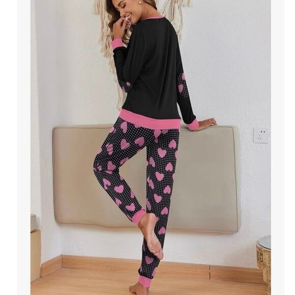 I Love Sleep Pajama Set - Long Sleeve Elbow Patch Top & Heart Dot Pants - Medium - Picture 2 of 16